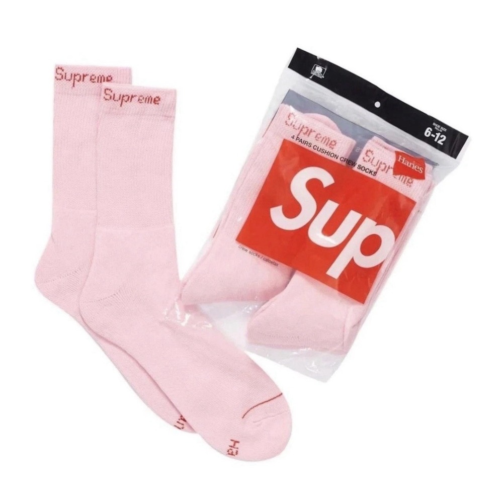 Supreme Hanes Cushion Crew Socks Pink 4 Pack Mens Shoe Size 6-12 New SS23A37